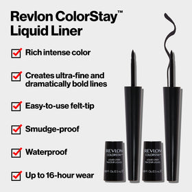 Revlon ColorStay black swatches on skin illustrating rich pigment benefit