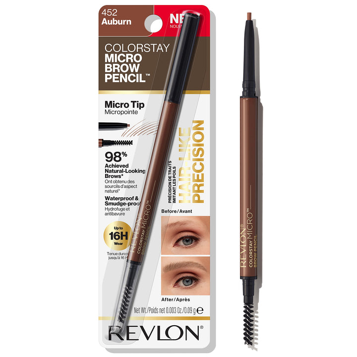 Revlon micro brow pencil front view showing sleek design and easy grip