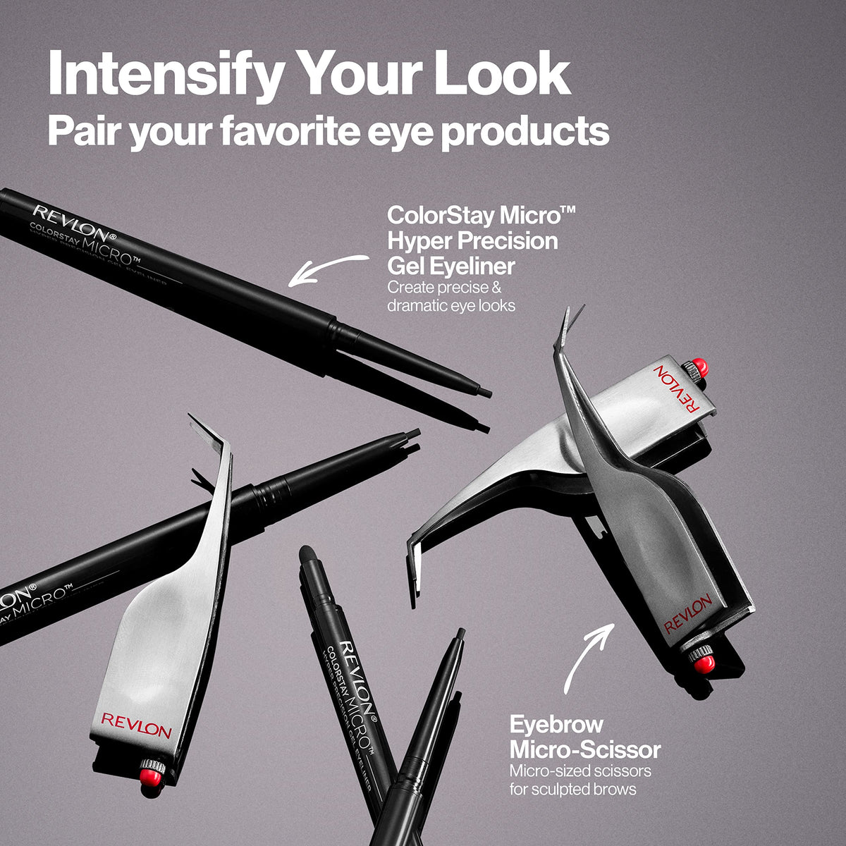 Revlon flatlay in travel bag highlighting compact dual-ended eyeliner convenience