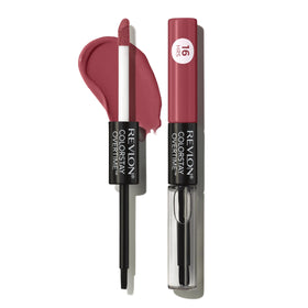 Side-by-side lips before and after Revlon showing durable color and glossy finish