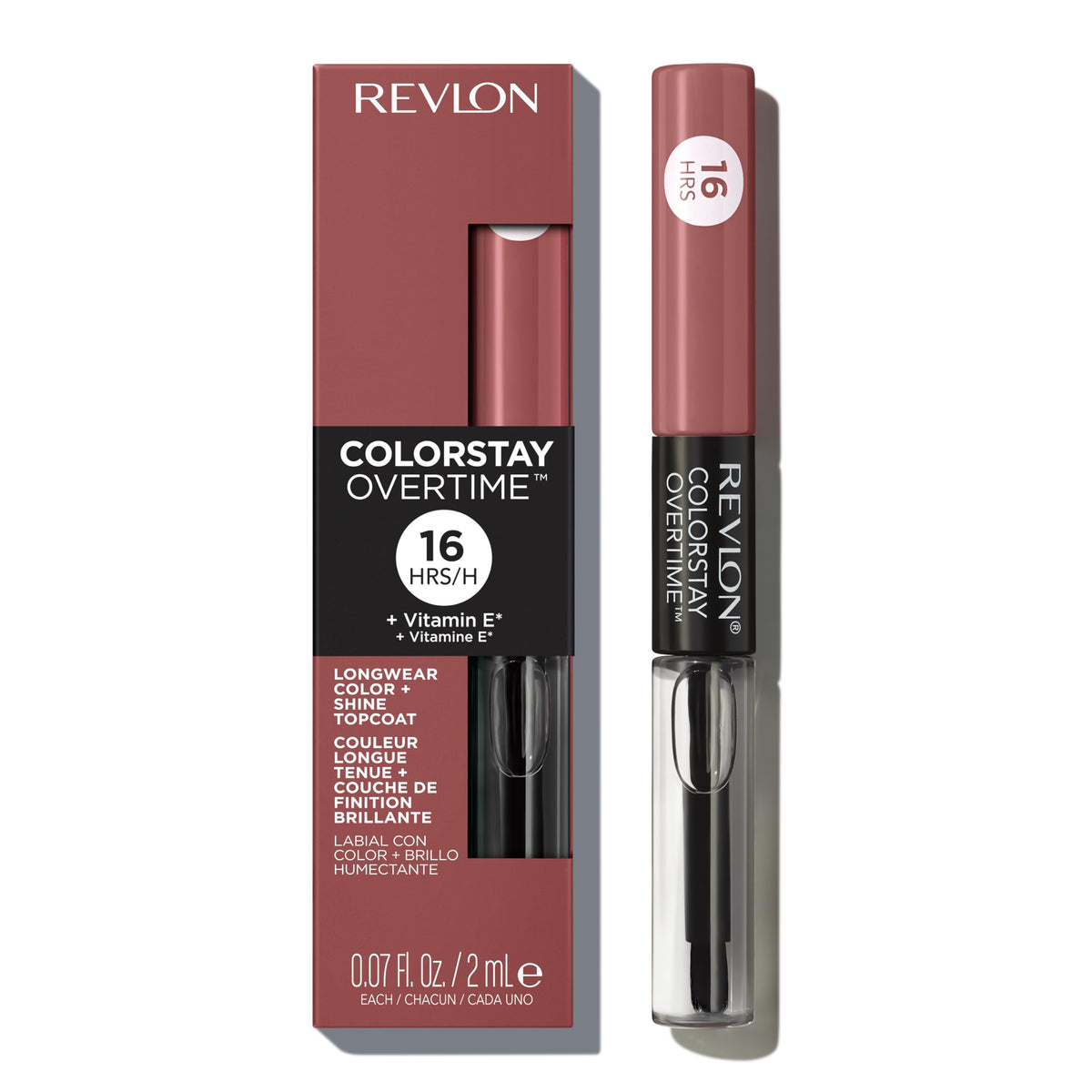 Revlon dual-ended tube front view showing ColorStay packaging and compact design benefit