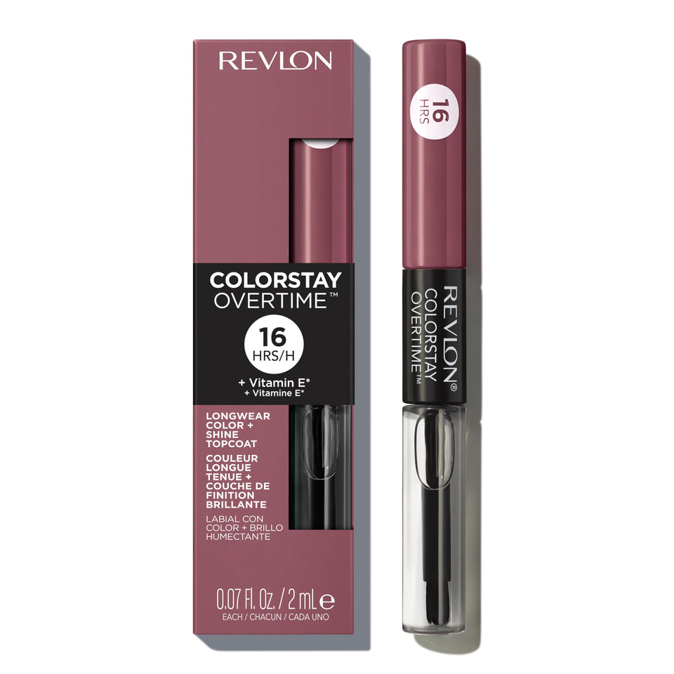 Revlon ColorStay Overtime front packaging showing shade Everlasting Rum and benefits