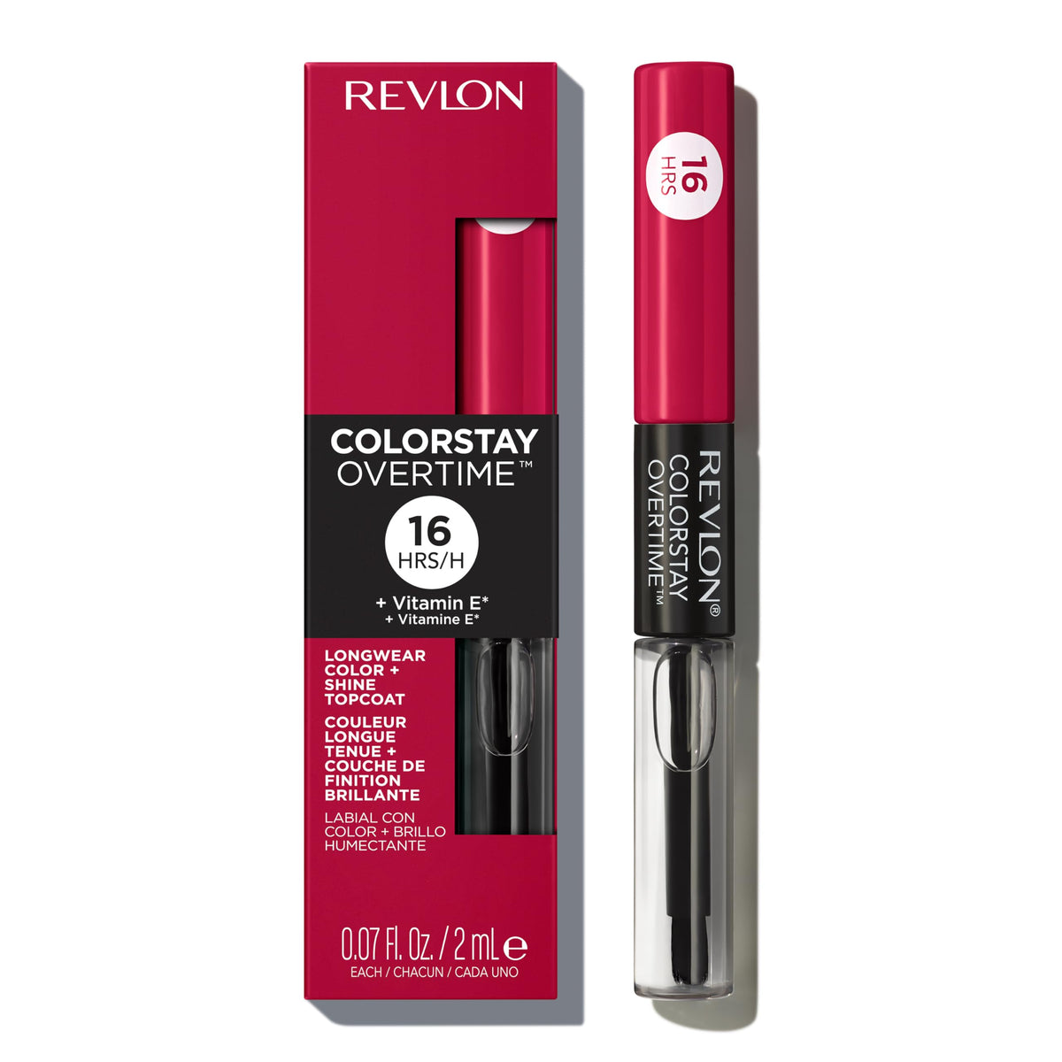 Revlon dual-ended tube front view showing sleek packaging and bold shade