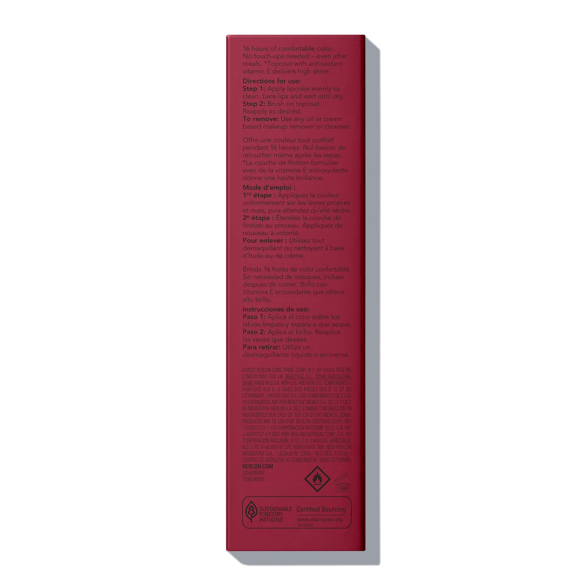 Revlon product label close-up showing vitamin E and botanical extract benefits