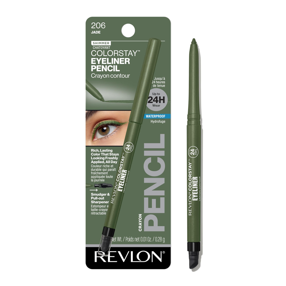 Revlon ColorStay pencil front view showing jade shimmer and slim design benefit