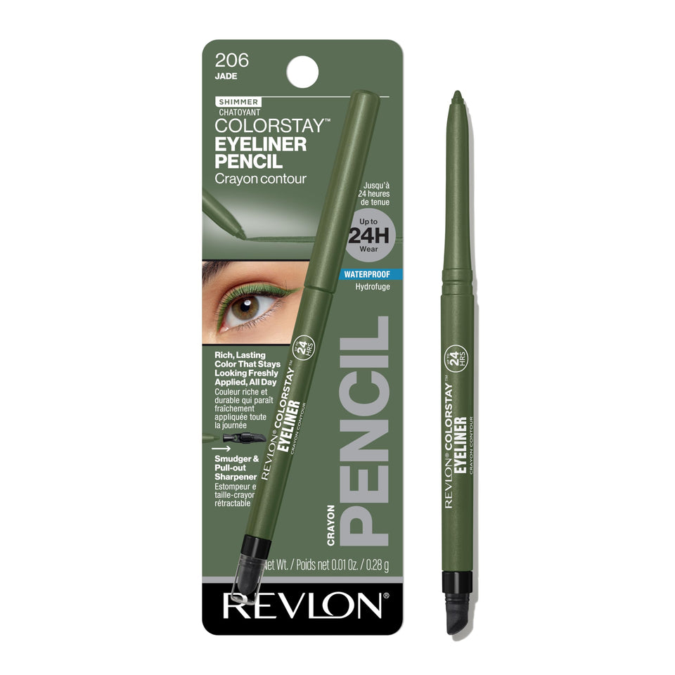 Revlon ColorStay pencil front view showing jade shimmer and slim design benefit