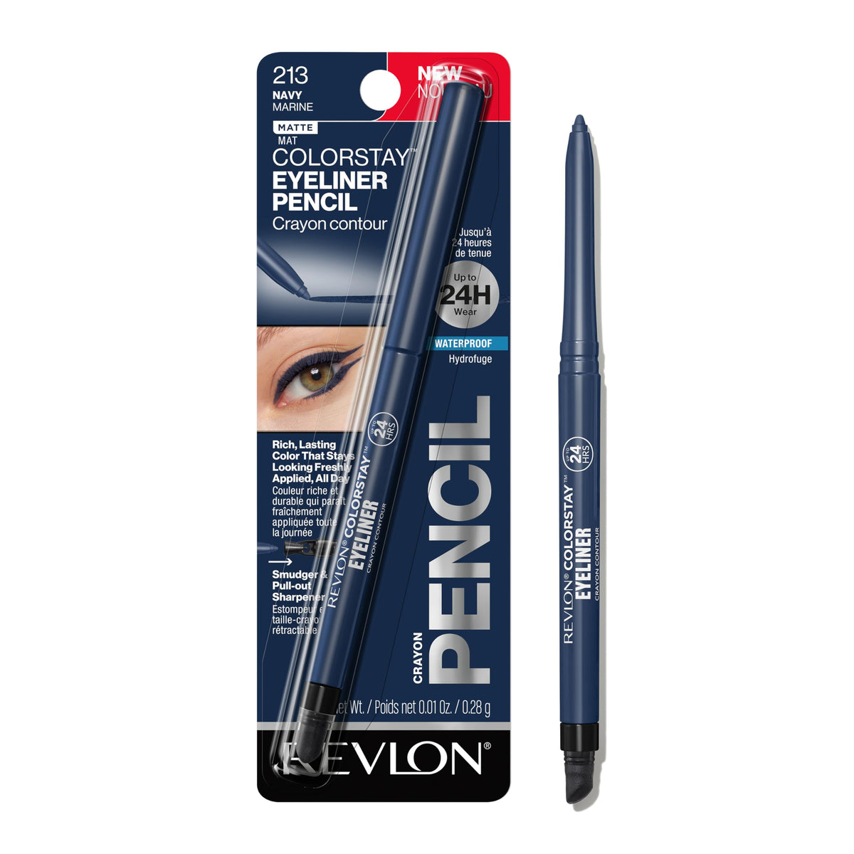 REVLON ColorStay pencil front packaging showing navy shade and matte finish benefit