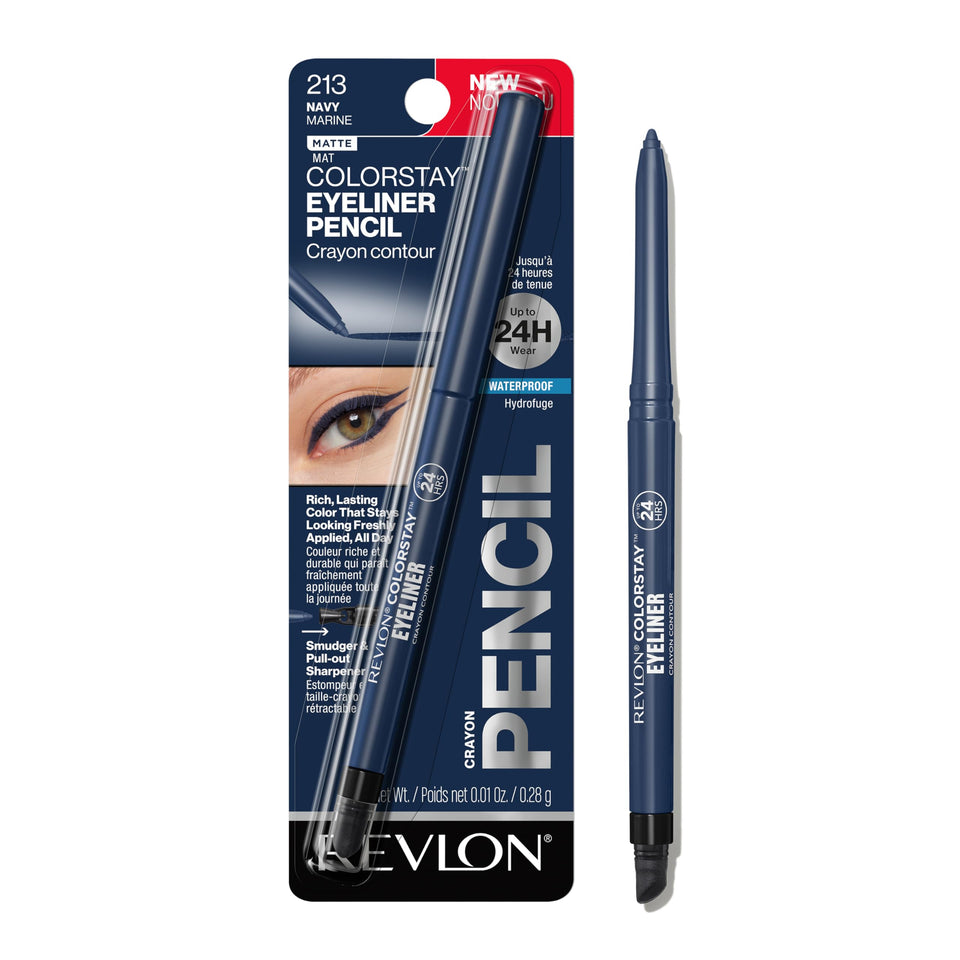 REVLON ColorStay pencil front packaging showing navy shade and matte finish benefit