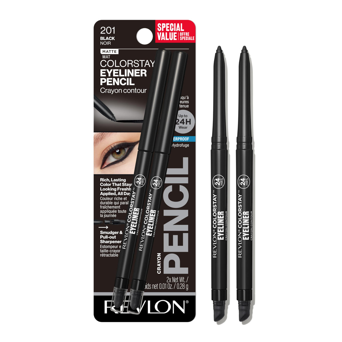 Revlon ColorStay front packaging showing two black pencils and brand
