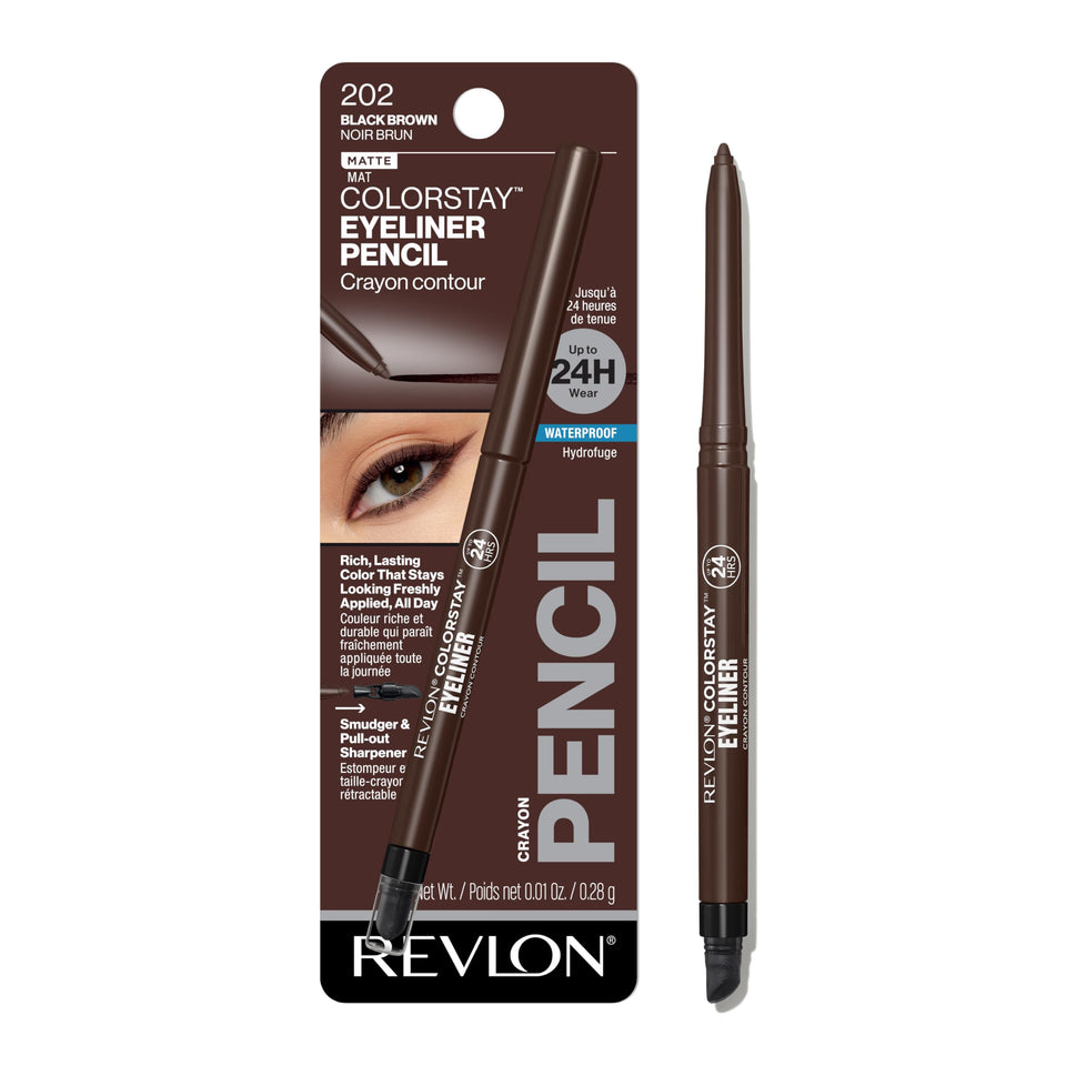 Revlon ColorStay pencil front packaging shows shade and compact design benefit