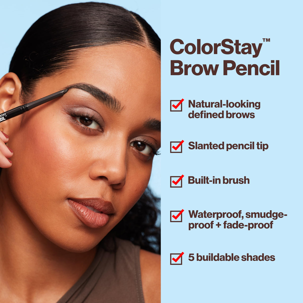 Revlon pencil in hand to show travel size and easy application benefit