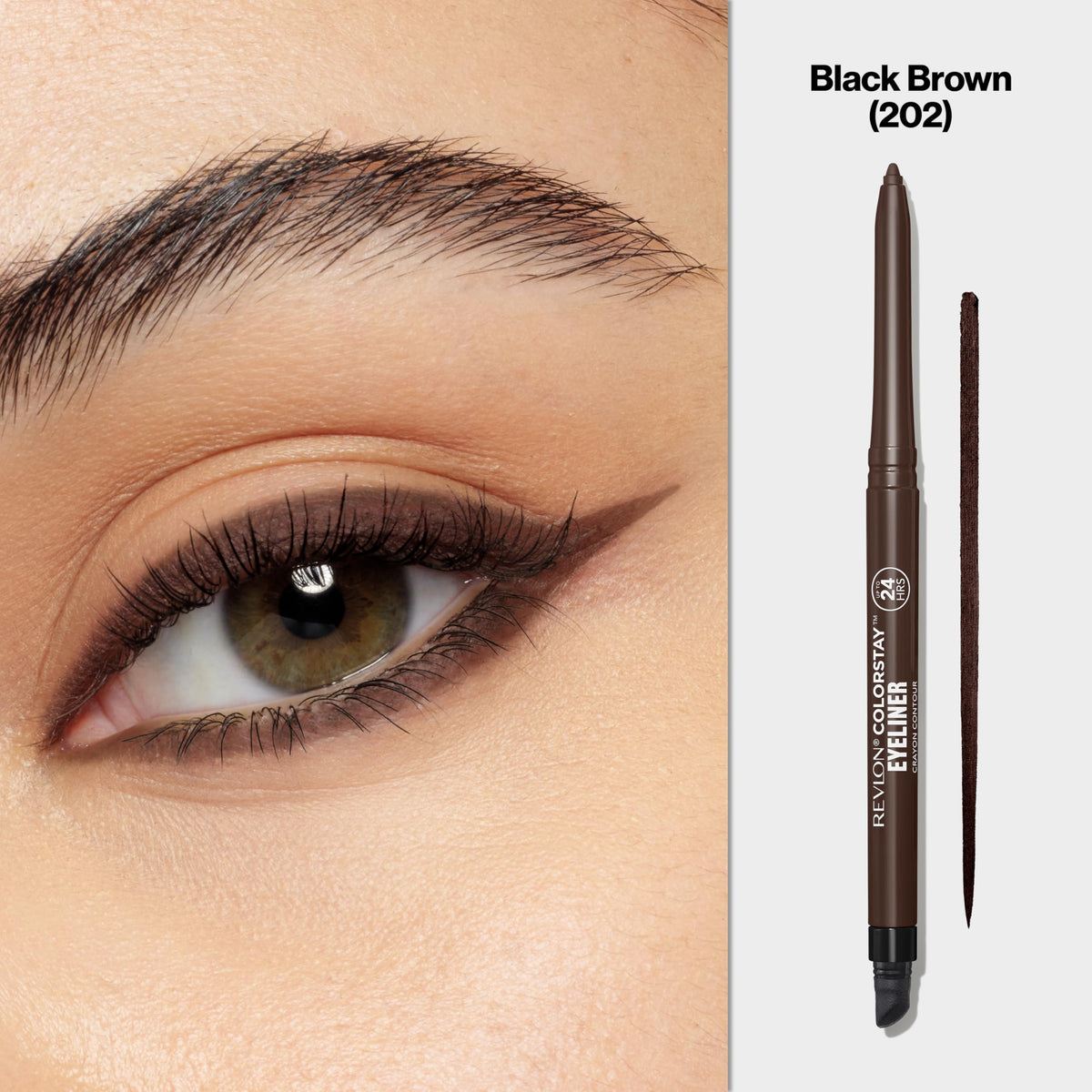 Revlon ColorStay pencil tip close-up reveals creamy matte texture for precise lines