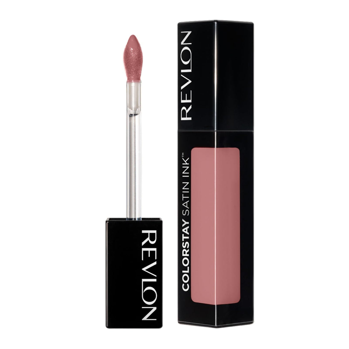 Revlon colorstay satin ink applicator and texture swatch highlighting smooth, moisturizing pigment