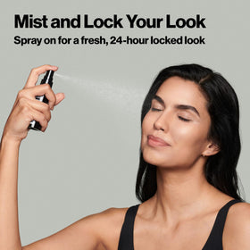 Model applying Revlon mist for long-lasting, transfer-resistant makeup