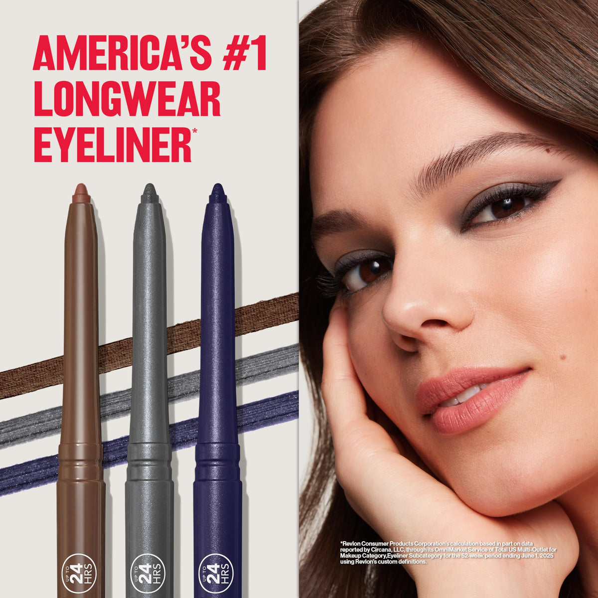REVLON pencil next to ruler indicating compact size and travel-friendly benefit