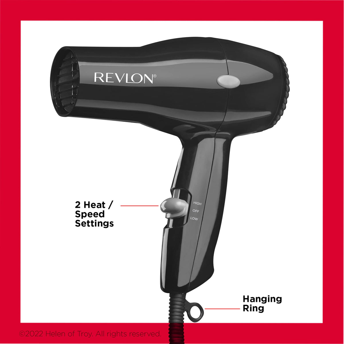 Revlon compact hair dryer close-up controls showing heat and speed settings benefit