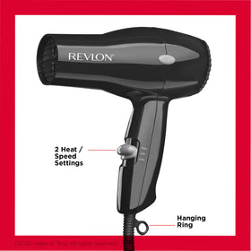 Revlon compact hair dryer close-up controls showing heat and speed settings benefit