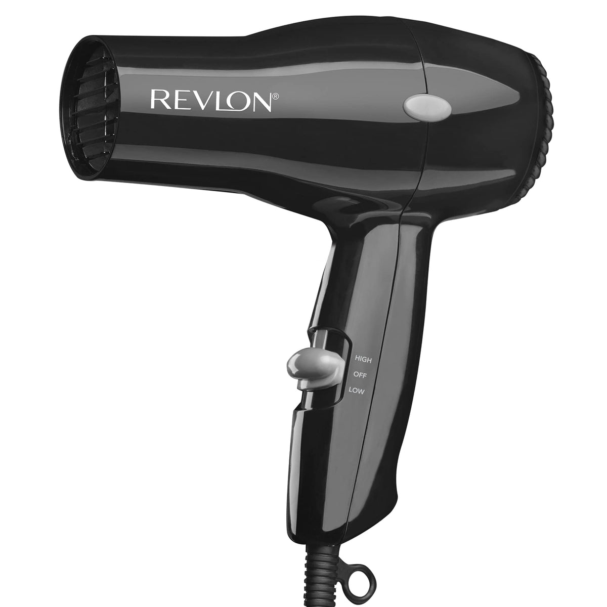 Revlon compact hair dryer front view showing sleek black finish and fast drying