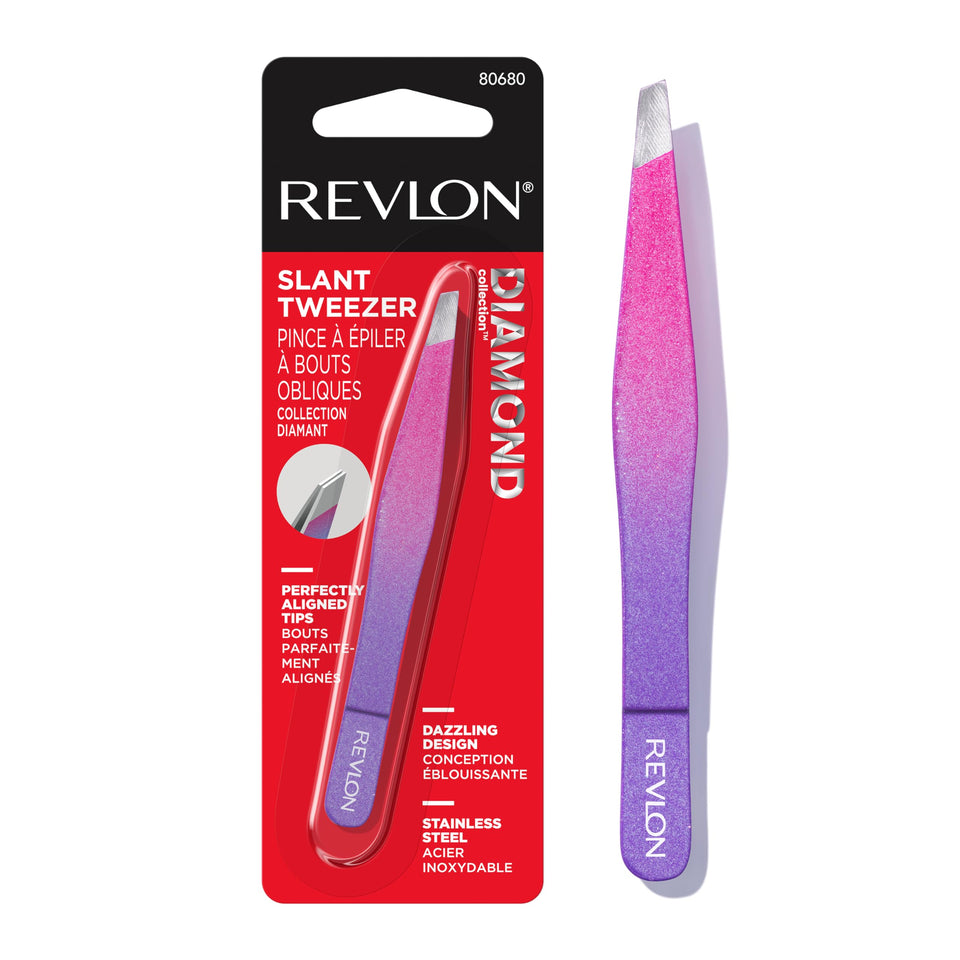 Revlon slanted-tip tweezers front view showing polished finish and precise shape for accuracy