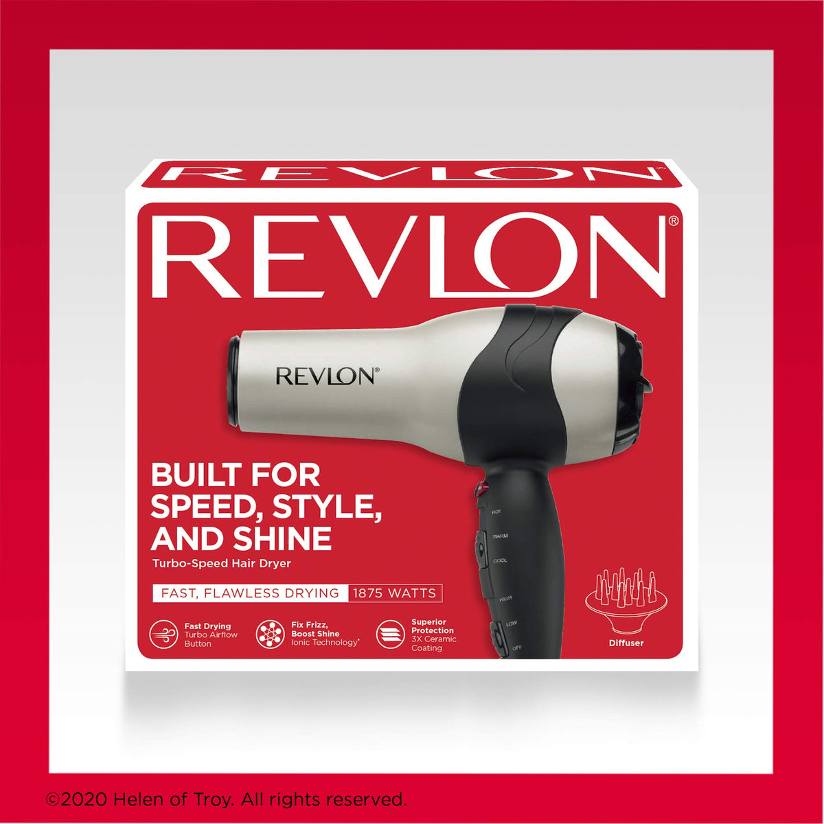 REVLON control buttons close-up showing heat and turbo settings for precision