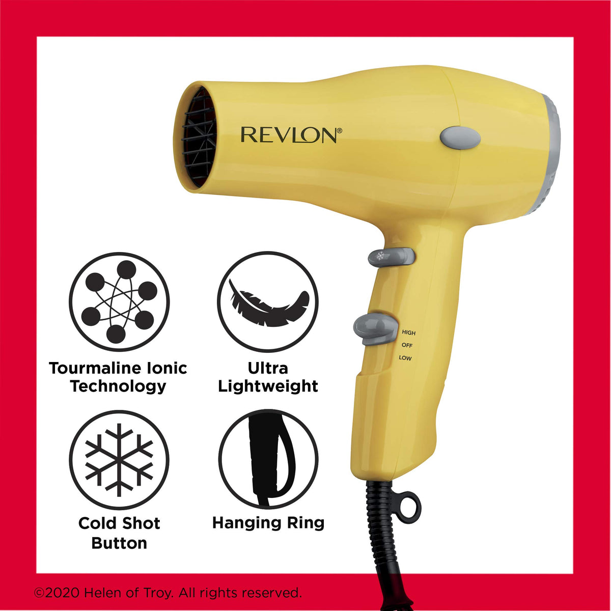 Revlon dryer hanging ring shown in storage for space-saving convenience