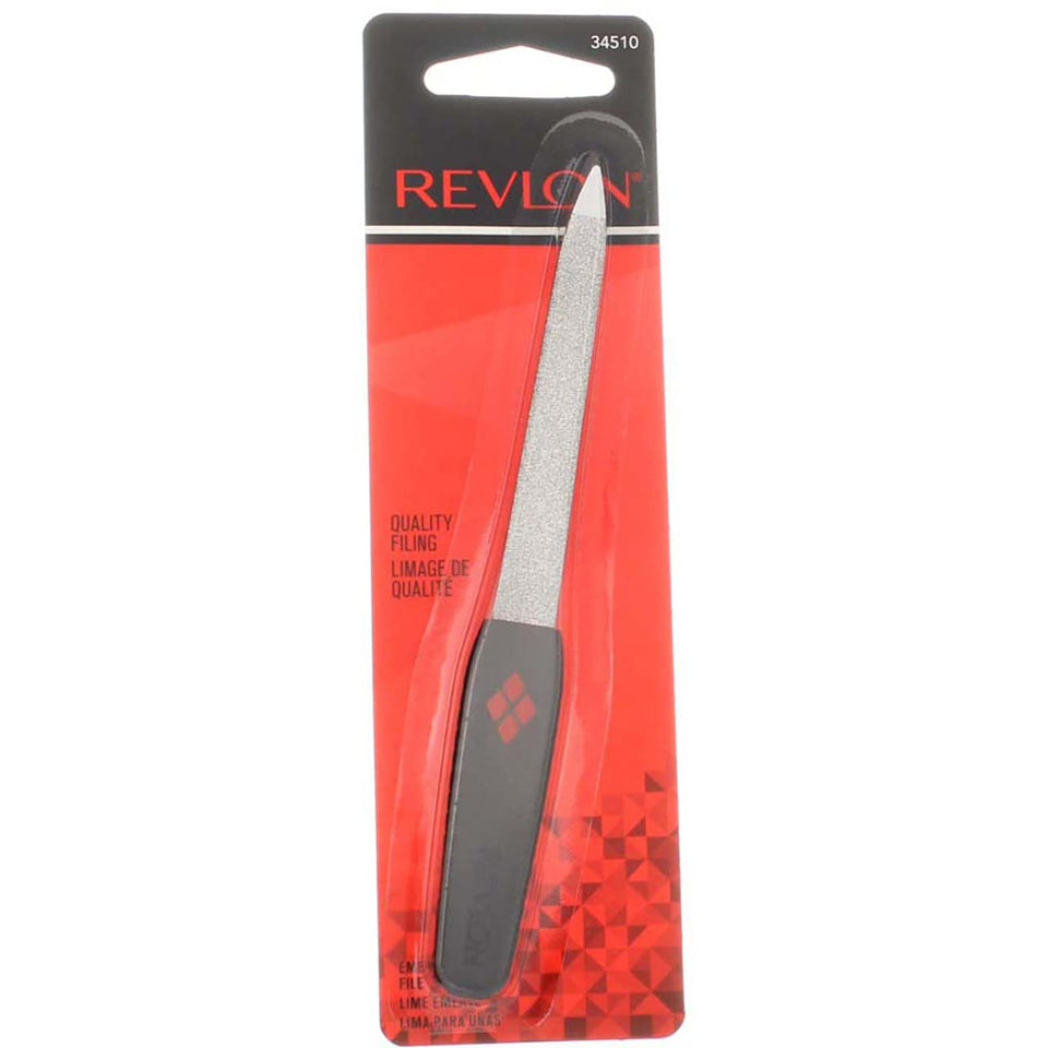 Revlon Emeryl metal nail file front view showing compact design and durable finish