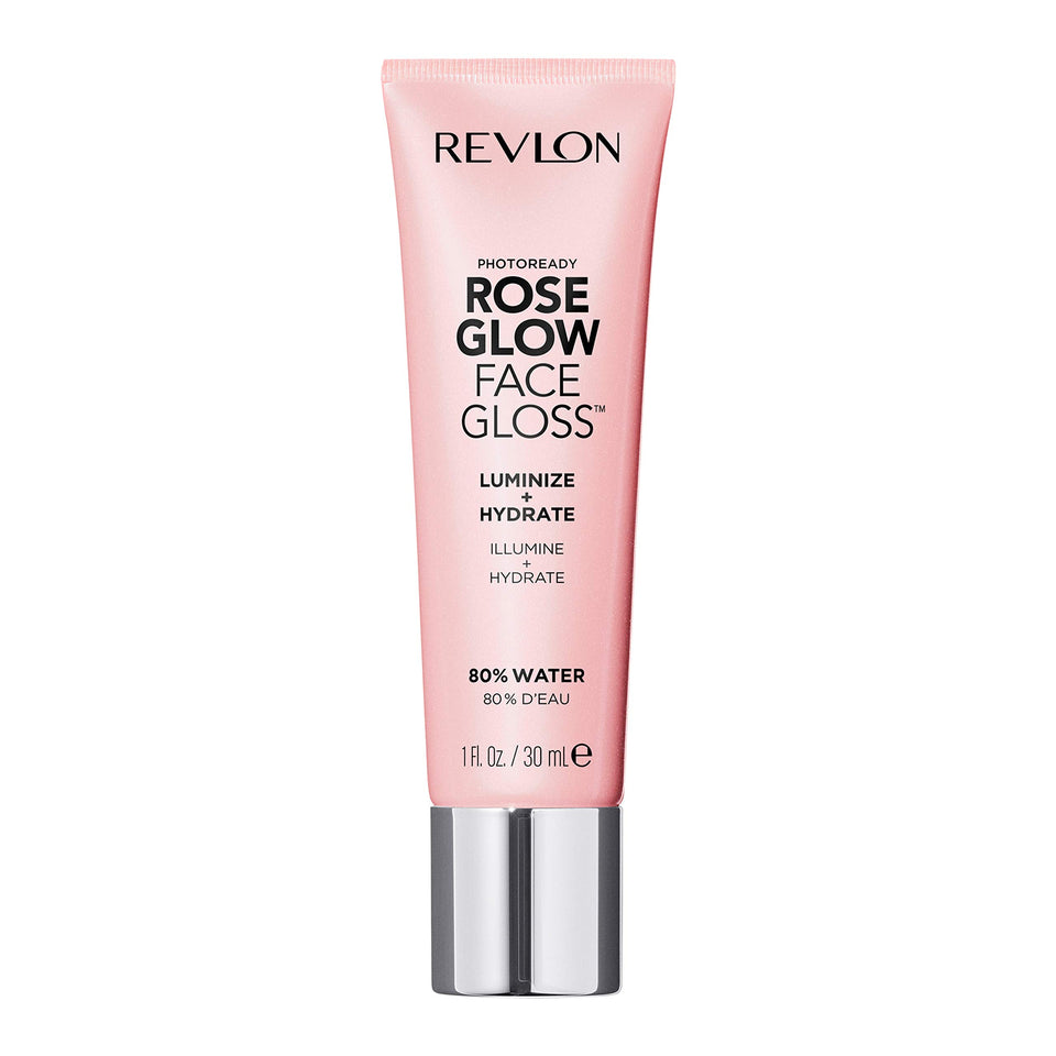 Revlon face gloss front packaging showing sleek tube and rosy gel benefit glow