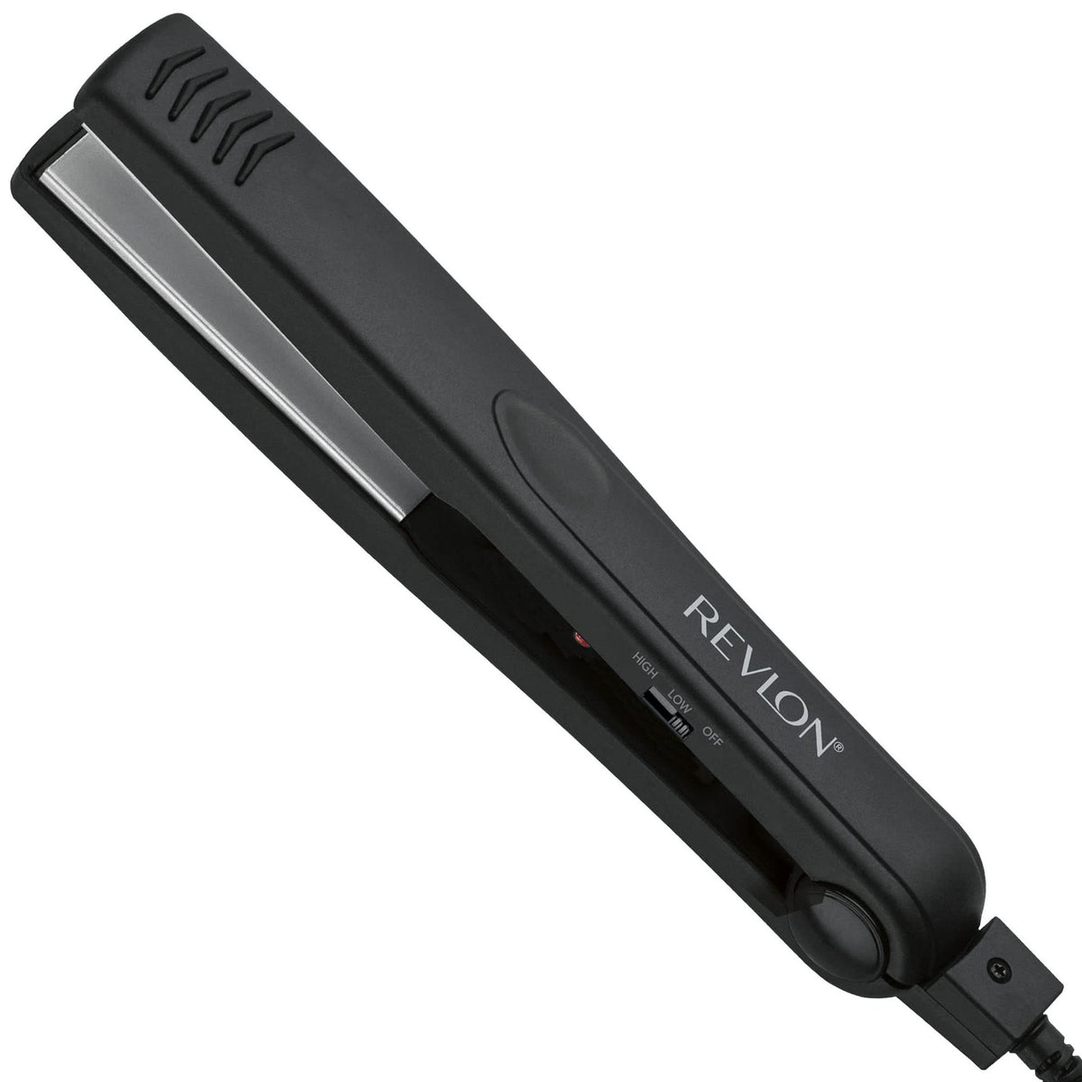 Revlon flat iron front view showing sleek design and controls for effortless styling
