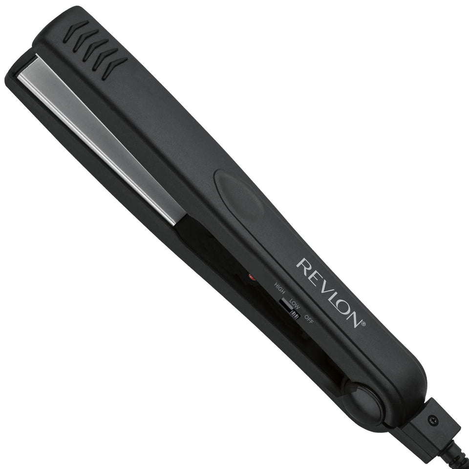 Revlon flat iron front view showing sleek design and controls for effortless styling