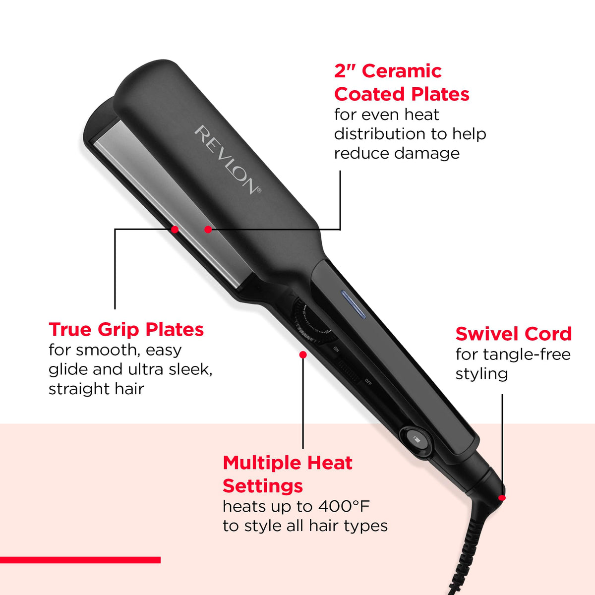 REVLON flat iron smoothing a hair section to show wide plate speed and sleek finish