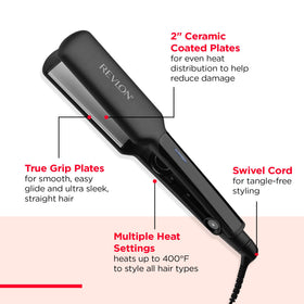 REVLON flat iron smoothing a hair section to show wide plate speed and sleek finish