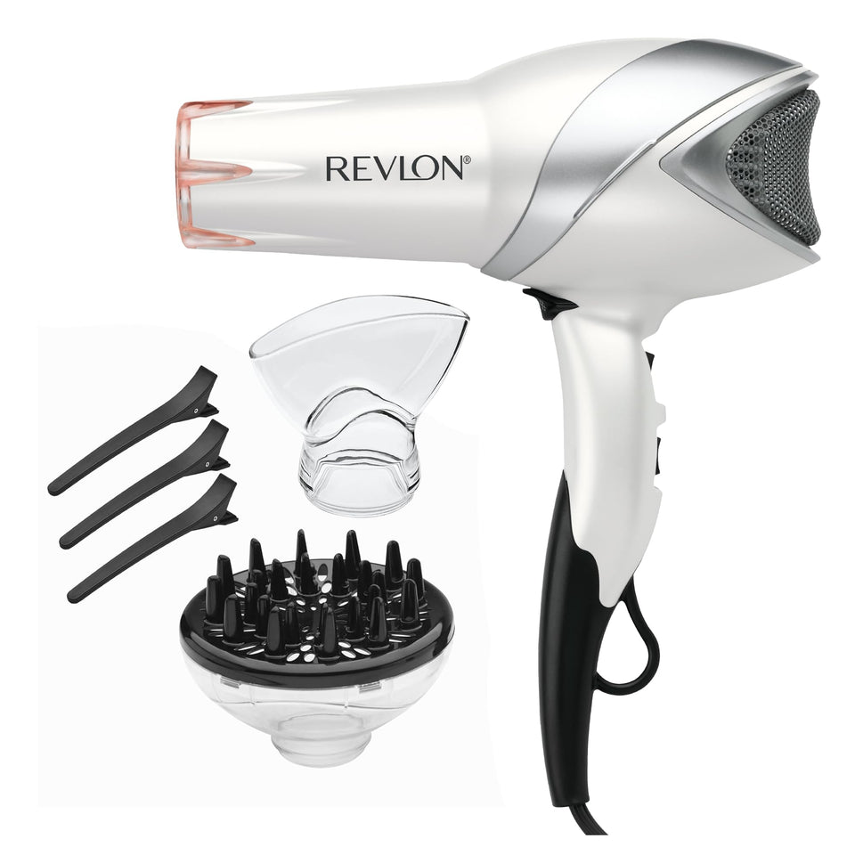 REVLON front view of infrared ionic hair dryer showing design and benefits