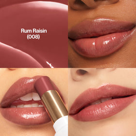REVLON twist-up tube of 008 Rum Raisin showing applicator and color payoff benefit