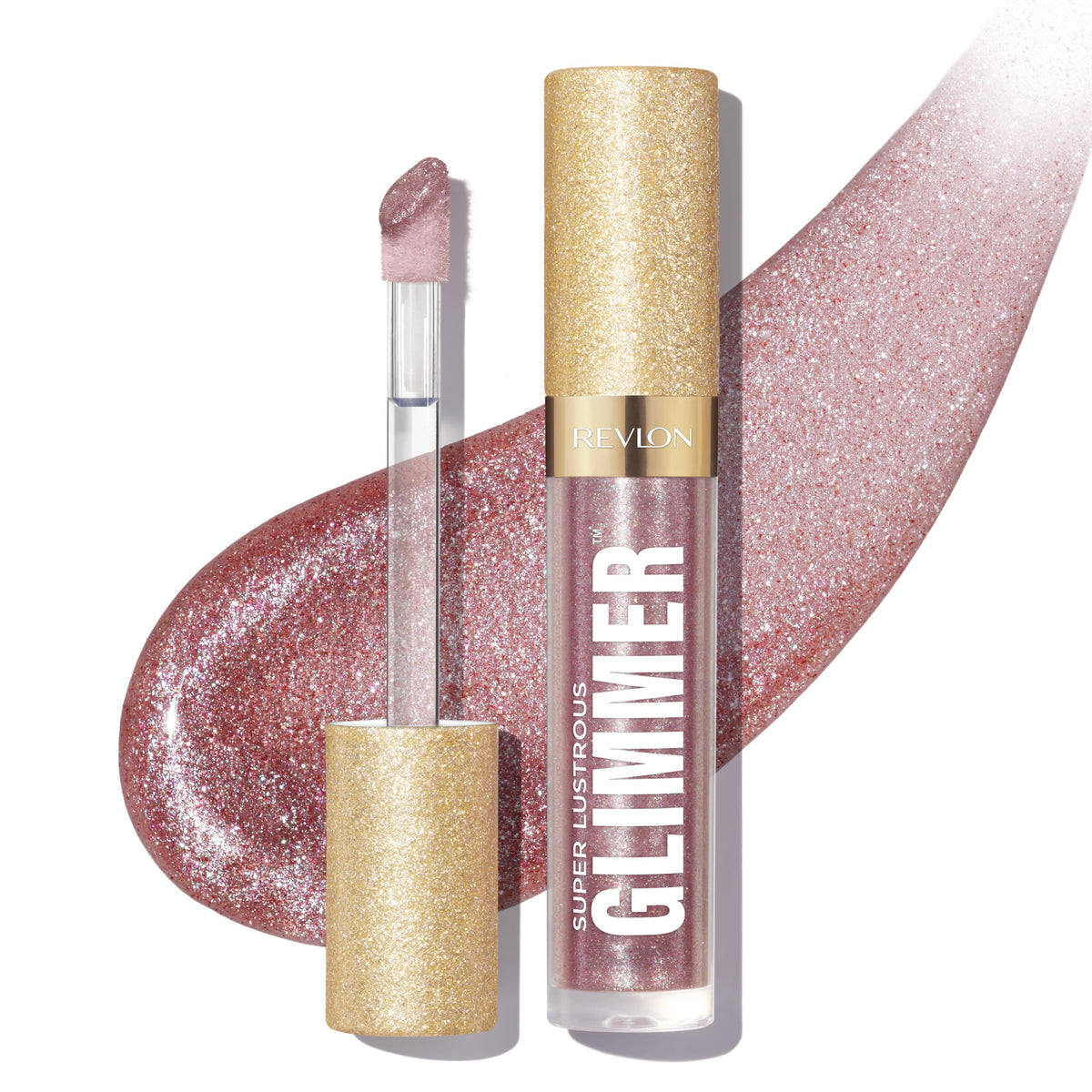 REVLON gloss front tube showing lavender shimmer and brand shine benefits