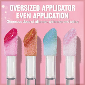 REVLON gloss texture close-up showing smooth, non-gritty plant-based glitter blend
