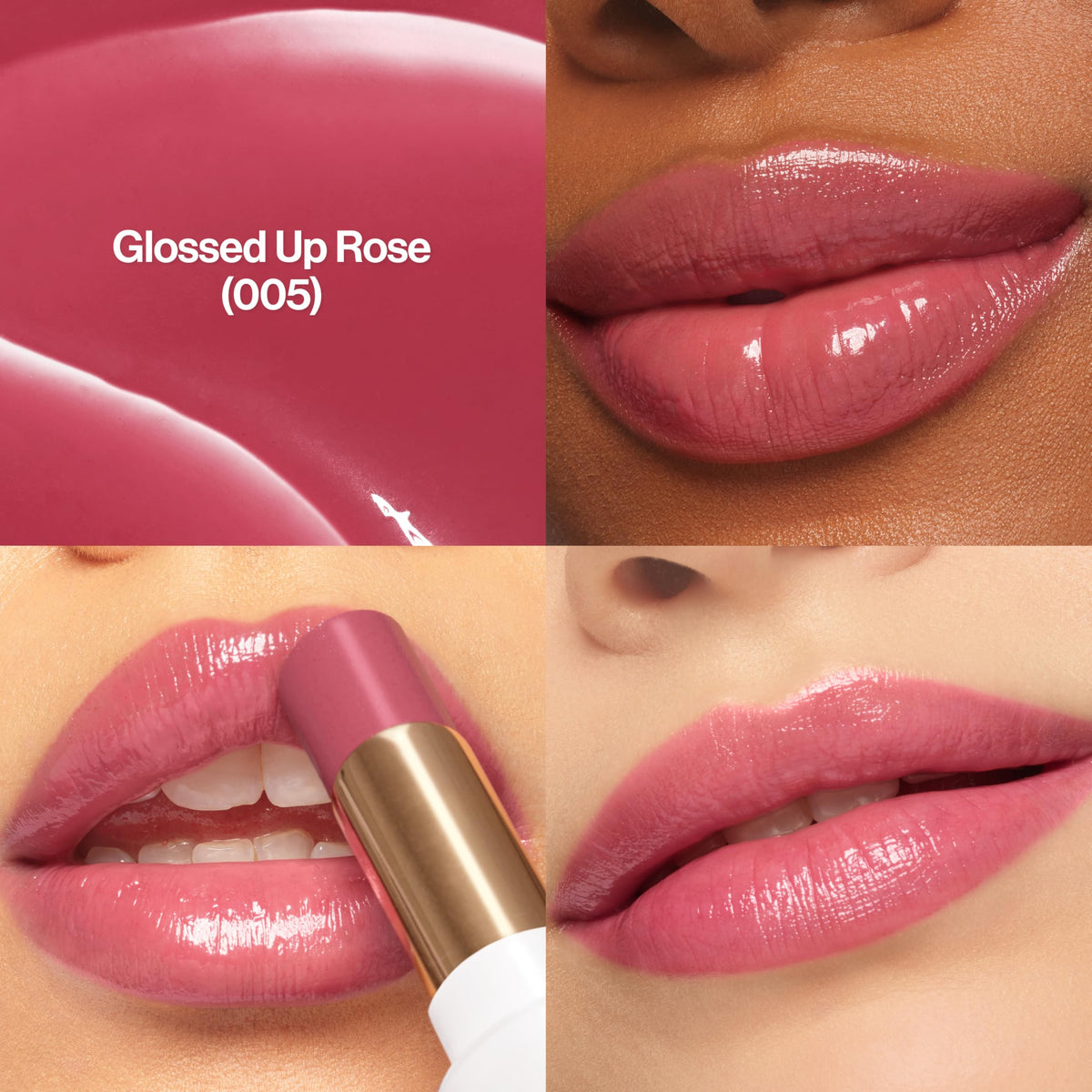 REVLON angled bullet of Glossed Up Rose showing creamy tip for smooth application