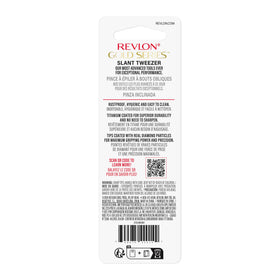 REVLON tweezers next to a ruler showing compact size and travel-friendly benefit