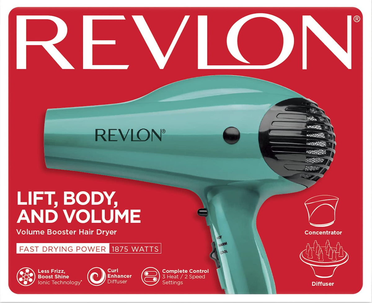 REVLON green dryer styled on bathroom counter for polished routine