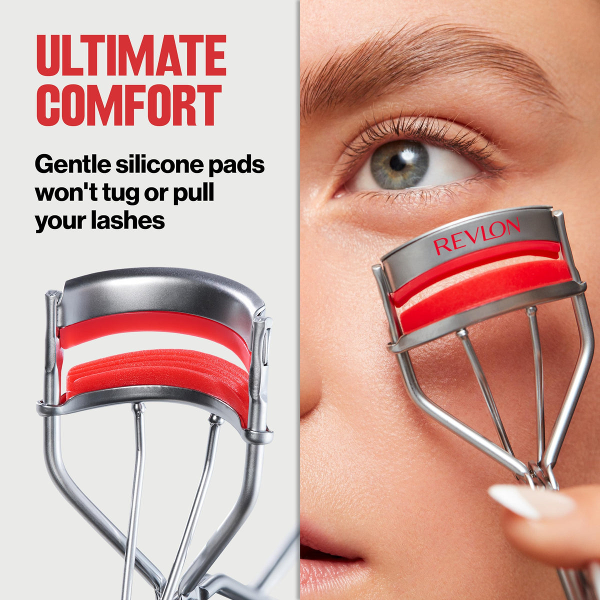 Revlon curler in use on lashes demonstrating lifted curl and less tugging