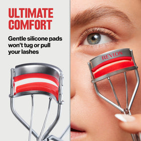 Revlon curler in use on lashes demonstrating lifted curl and less tugging
