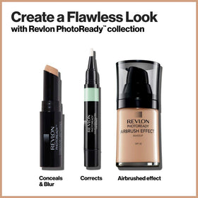 Revlon PhotoReady next to makeup bag lifestyle scene showing quick touch-up benefit