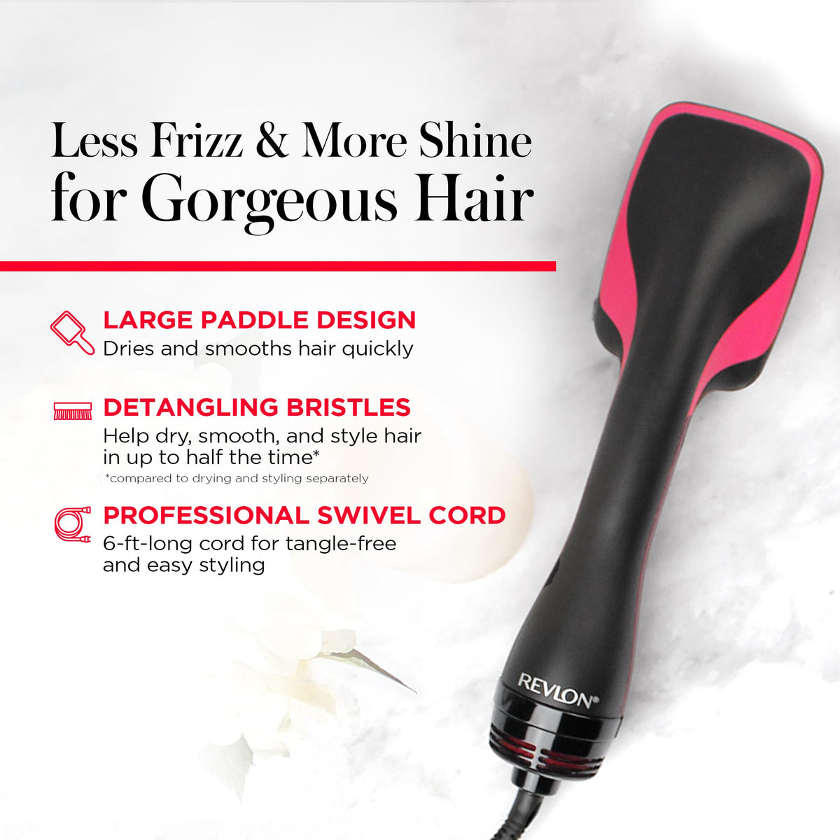 REVLON brush in use smoothing damp hair for reduced frizz and faster styling