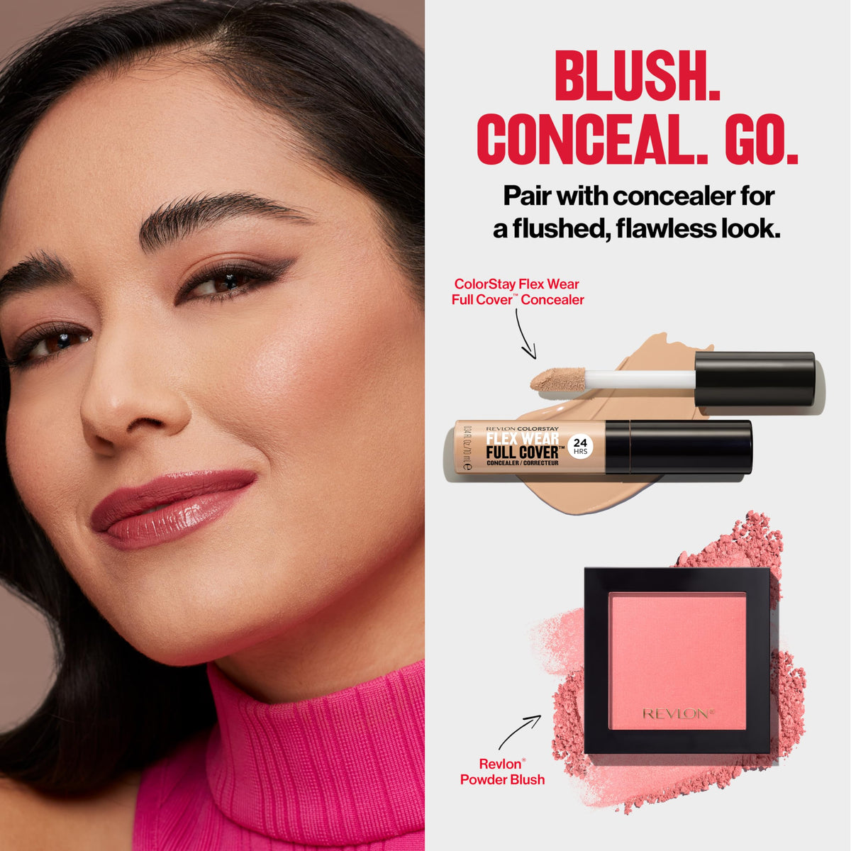 Open Revlon compact displaying product size and protective packaging