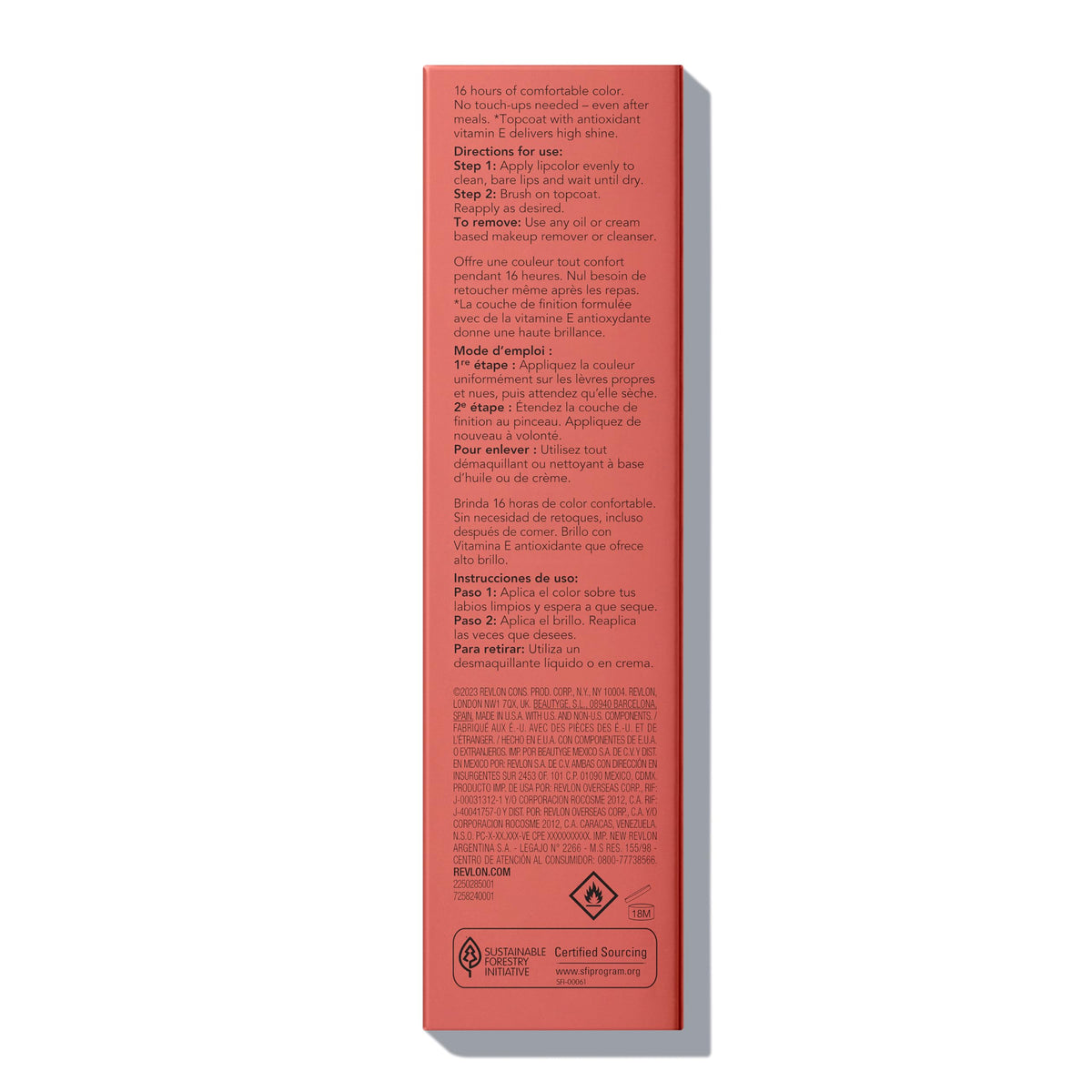 Revlon product label close-up listing Vitamin E and botanical ingredient benefits