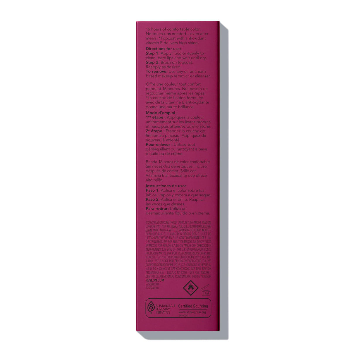 Revlon packaging back view showing made in Germany mark and product information benefits