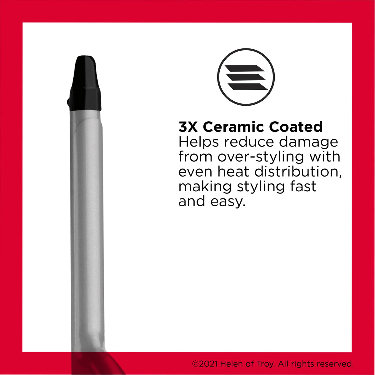 Revlon Perfect Heat barrel close-up highlighting triple-ceramic finish for even heat