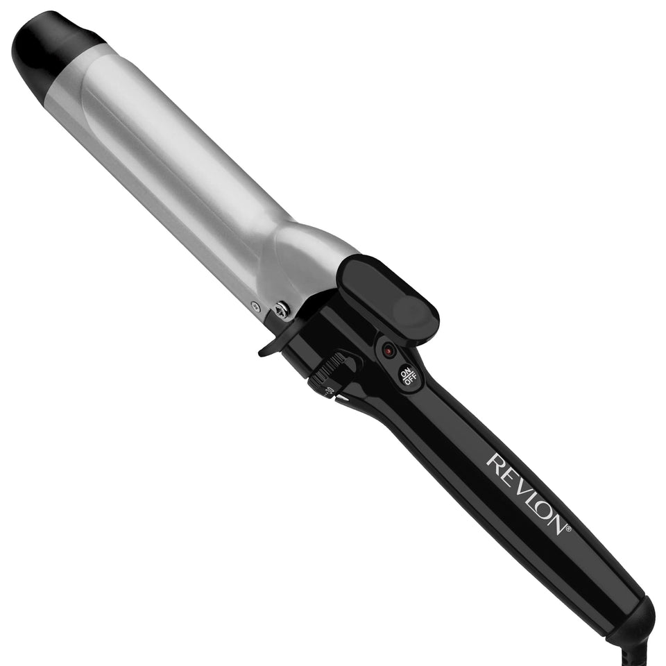 Revlon Perfect Heat curling iron front view showing barrel clamp and handle for easy styling