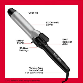 Revlon Perfect Heat curling iron creating loose silky waves on long hair for voluminous finish