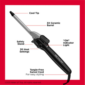 Revlon Perfect Heat styling on model creating silky spiral curls for polished look