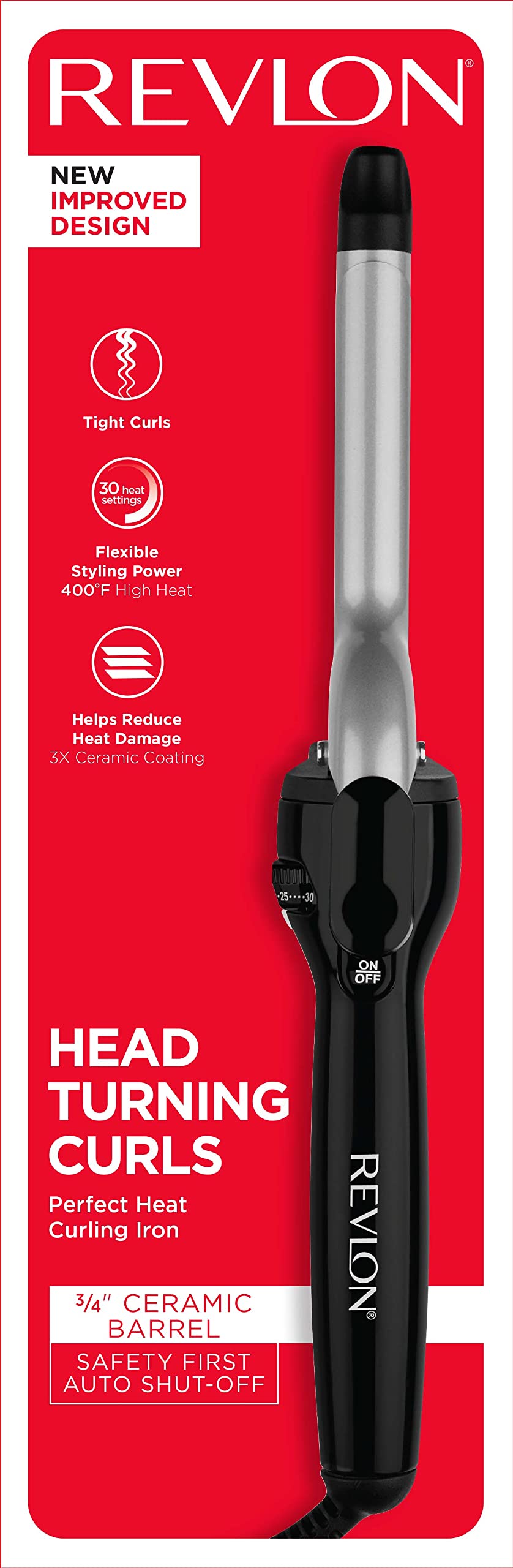 Revlon temperature dial and auto shut-off label for safe use